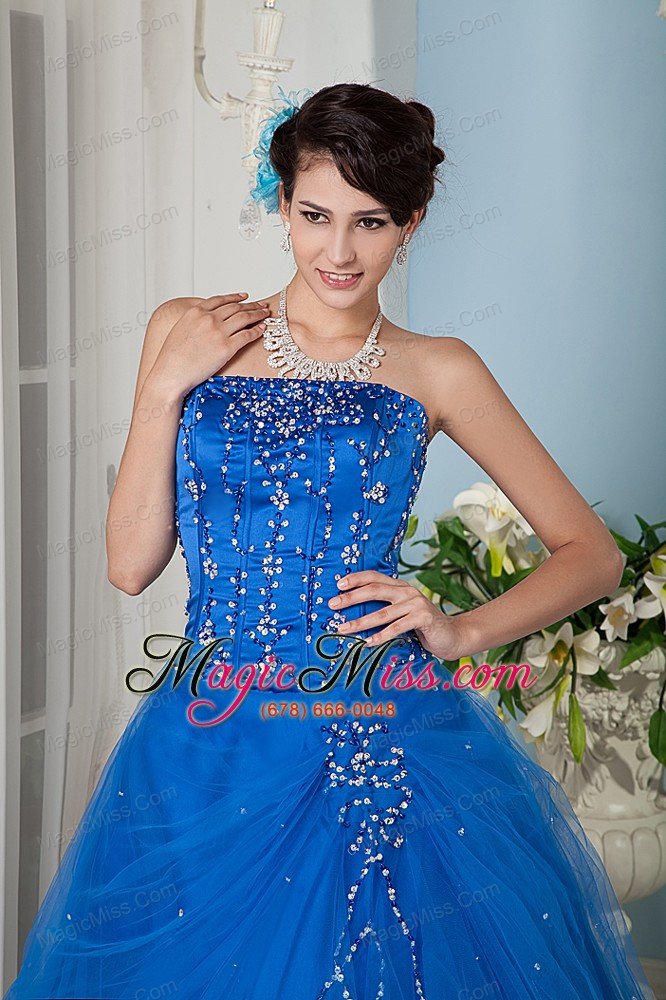 wholesale blue a-line / princess strapsless floor-length tulle quinceanera dress