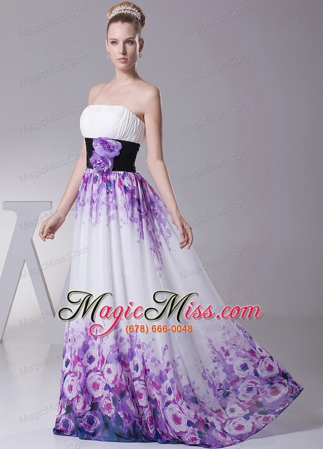 wholesale printing prom dress with hand made flowers and ruch