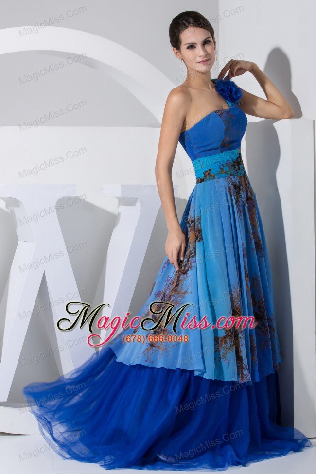 wholesale printing hand made flower decorate bodice blue tulle brush train prom dress for 2013