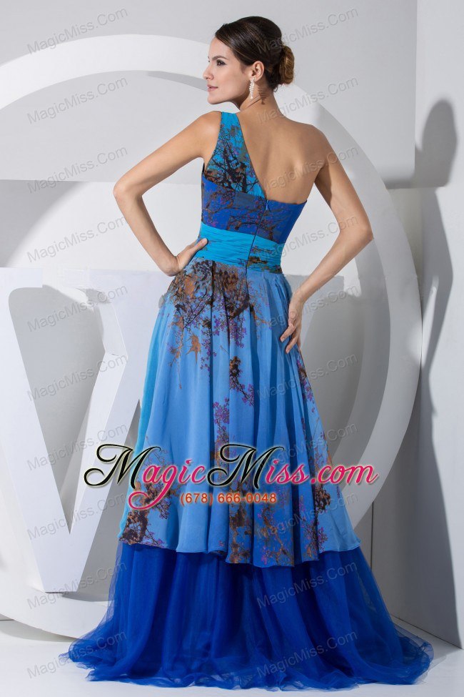 wholesale printing hand made flower decorate bodice blue tulle brush train prom dress for 2013