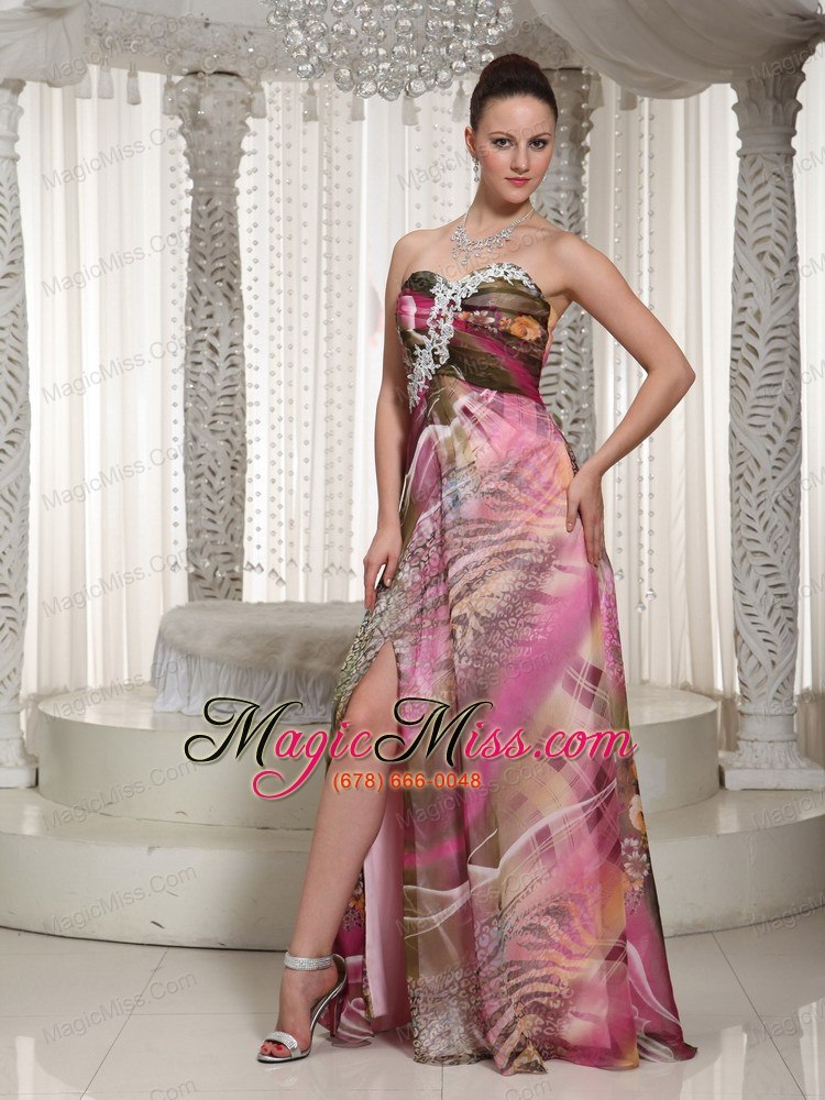 wholesale high slit sweetheart printing for prom dress with appliques