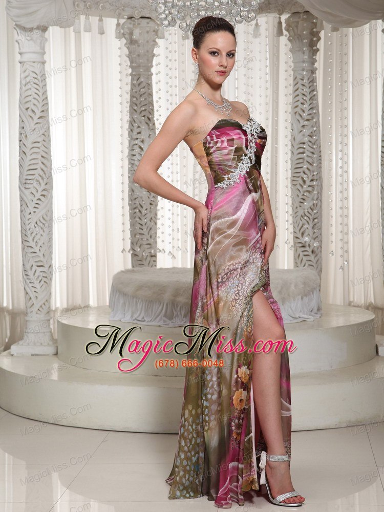 wholesale high slit sweetheart printing for prom dress with appliques