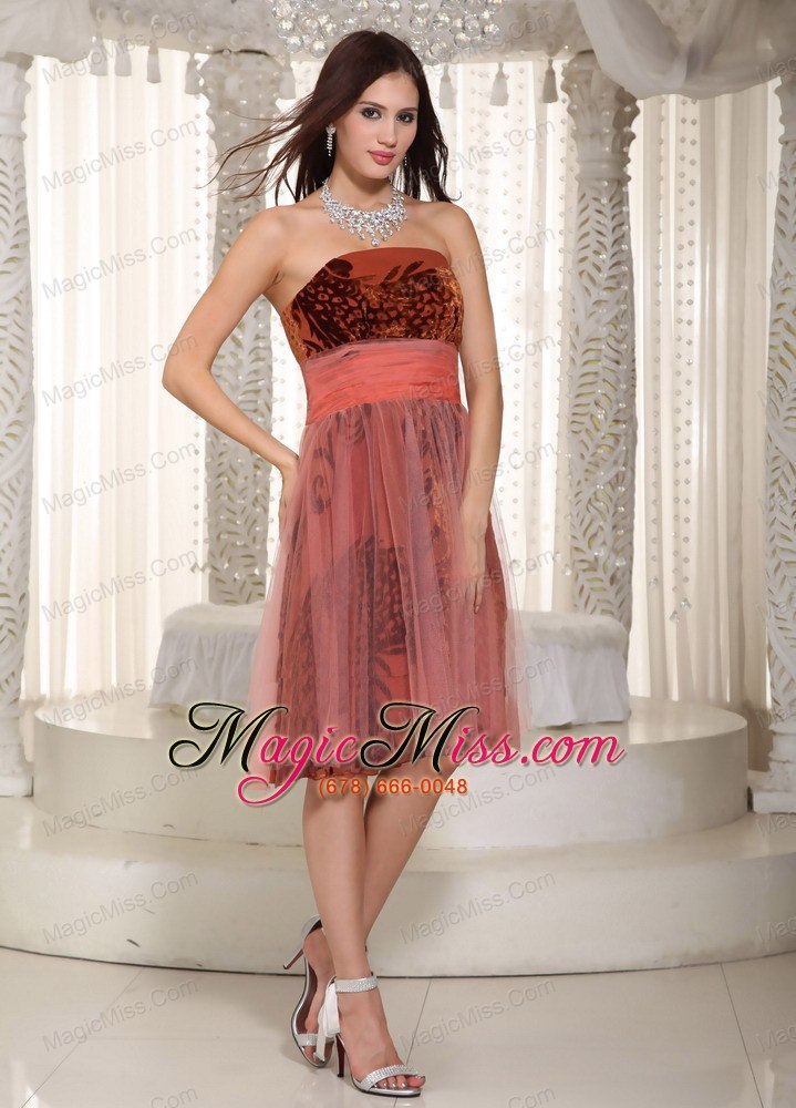 wholesale rust red a-line strapless knee-length printing and tulle belt prom dress