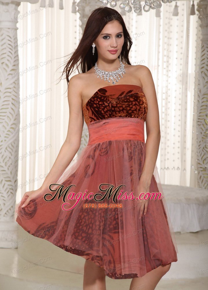 wholesale rust red a-line strapless knee-length printing and tulle belt prom dress
