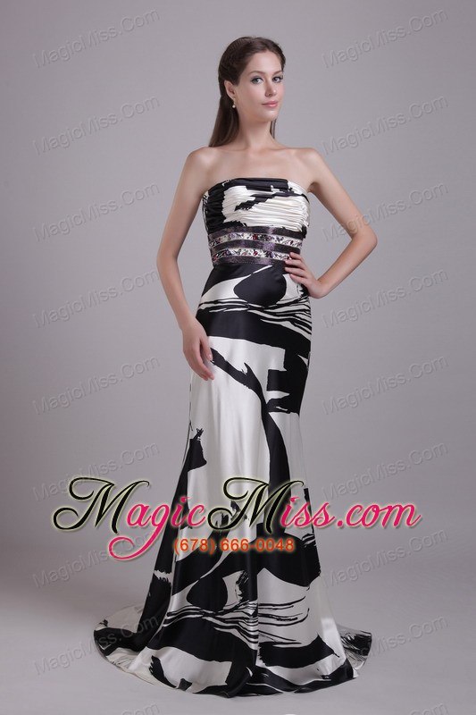 wholesale beautiful column/sheath strapless brush train printing beading prom dress