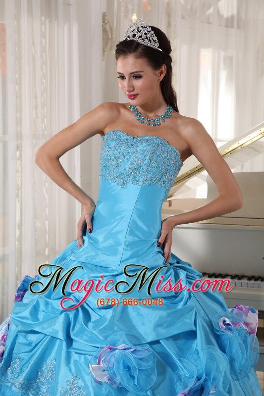 wholesale aqua ball gown strapless floor-length organza and taffeta appliques quinceanera dress