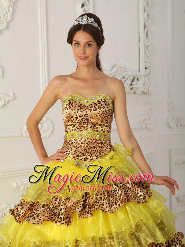 wholesale yellow a-line / princess strapless sweep /brush train leopard and organza ruffles quinceanera dress