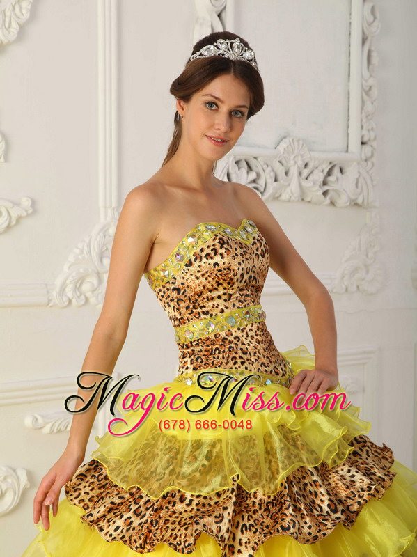 wholesale yellow a-line / princess strapless sweep /brush train leopard and organza ruffles quinceanera dress