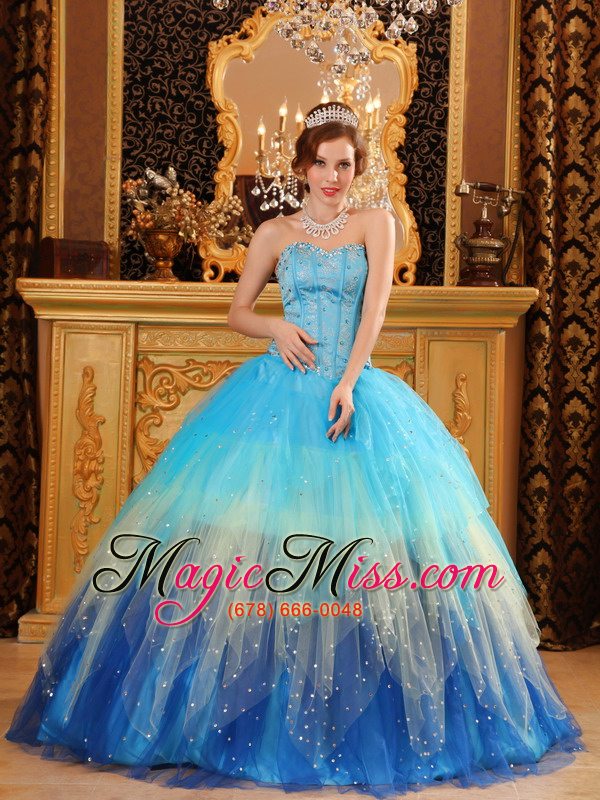 wholesale gorgeous ball gown sweetheart floor-length beading satin and organza blue quinceanera dress