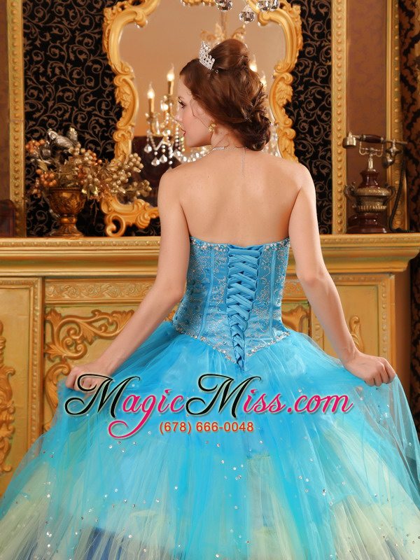 wholesale gorgeous ball gown sweetheart floor-length beading satin and organza blue quinceanera dress