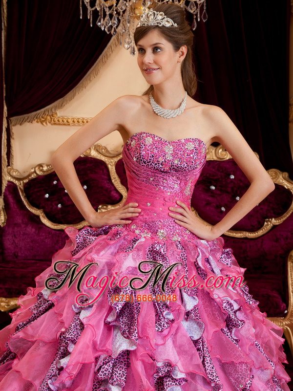wholesale hot pink ball gown sweetheart floor-length beading leopard and organza quinceanera dress
