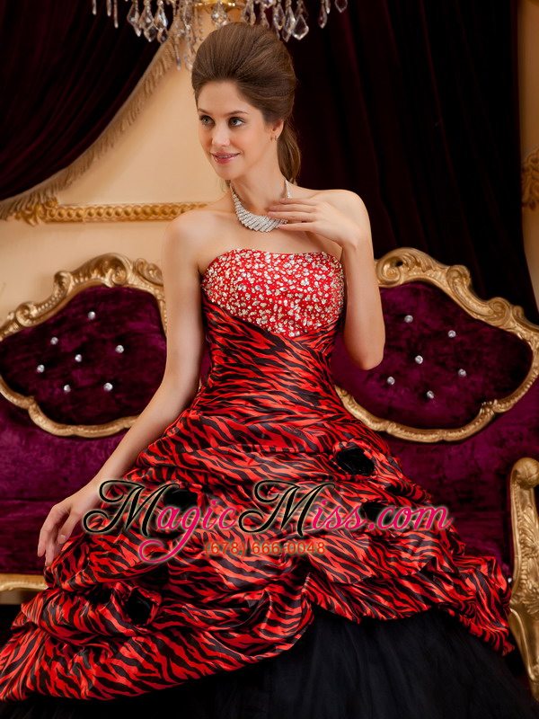 wholesale red and black strapless ball gown floor-length zebra and tulle hand made flowers quinceanera dress