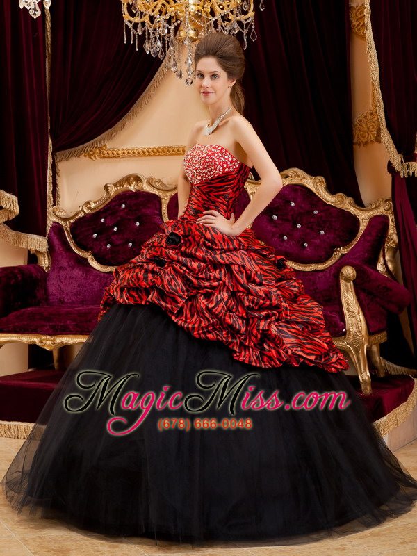 wholesale red and black strapless ball gown floor-length zebra and tulle hand made flowers quinceanera dress