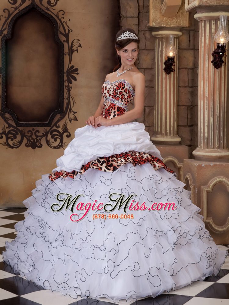 wholesale white ball gown sweetheart floor-length organza and leopard ruffles quinceanera dress