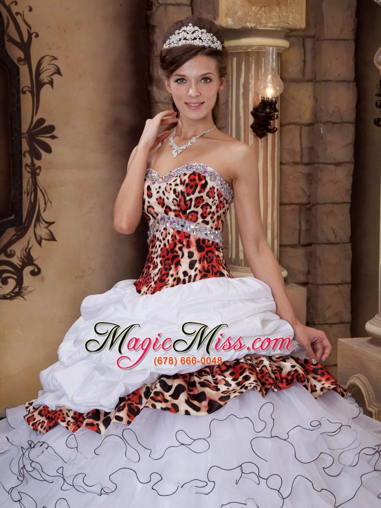 wholesale white ball gown sweetheart floor-length organza and leopard ruffles quinceanera dress