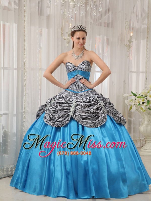 wholesale aqua blue ball gown sweetheart floor-length taffeta and zebra or leopard ruffles quinceanera dress
