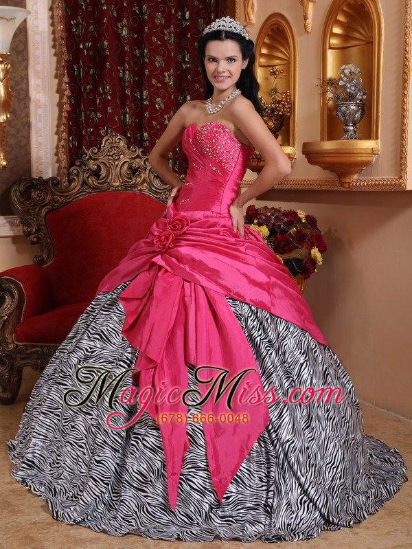 wholesale hot pink ball gown sweetheart floor-length taffeta and zebra beading quinceanera dress