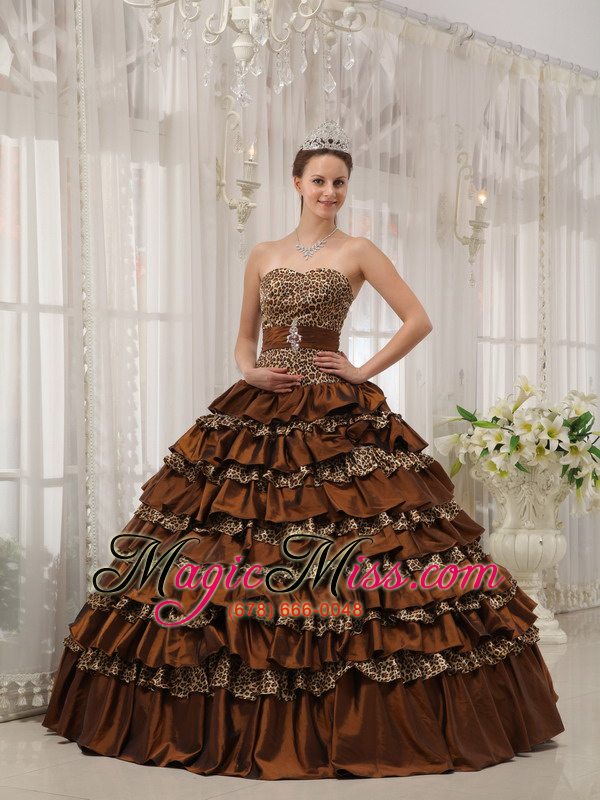 wholesale brown ball gown sweetheart floor-length taffeta and zebra or leopard ruffles quinceanera dress