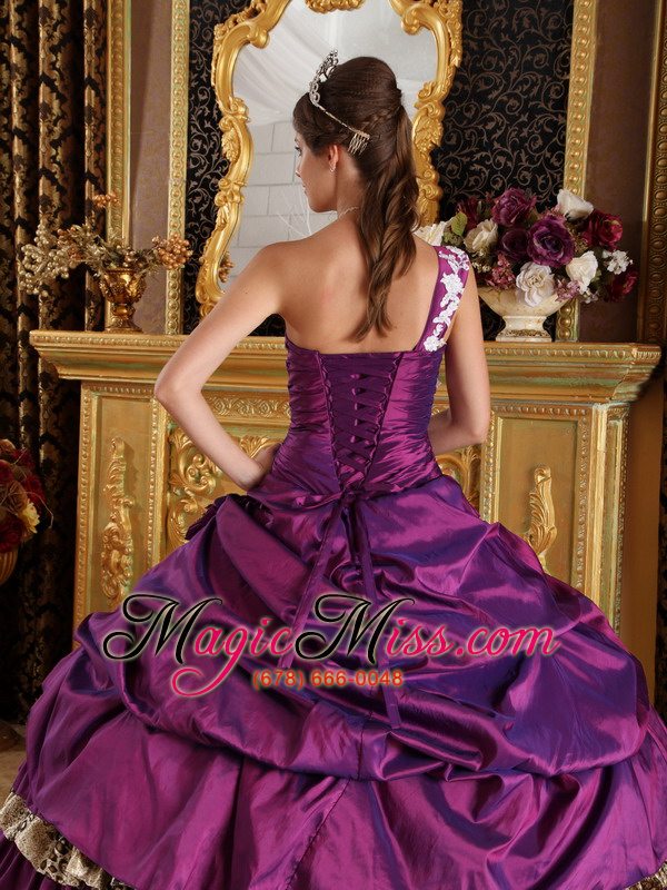 wholesale purple ball gown one shoulder floor-length taffeta and leopard appliques quinceanera dress