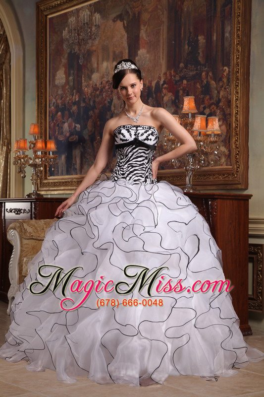 wholesale white ball gown strapless floor-length ruffles organza and zebra quinceanera dress