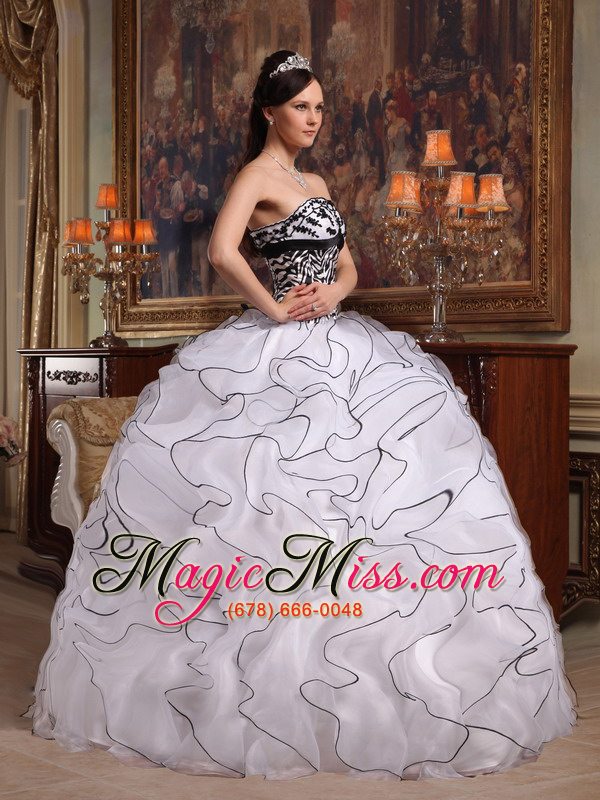 wholesale white ball gown strapless floor-length ruffles organza and zebra quinceanera dress