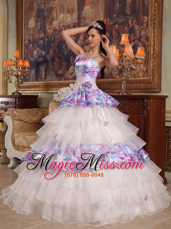 wholesale elegant ball gown straps floor-length hand flowers organza and printing quinceanera dress