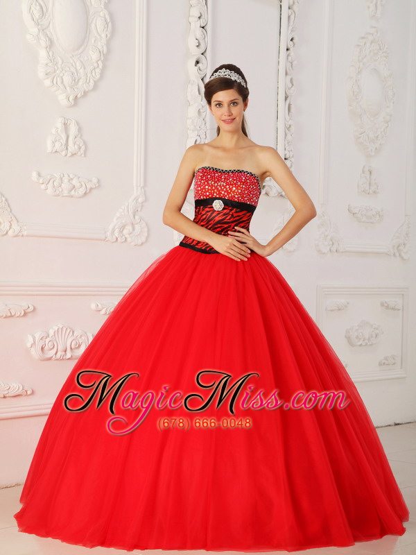 wholesale red a-line / princess strapless floor-length tulle and zebra beading quinceanera dress