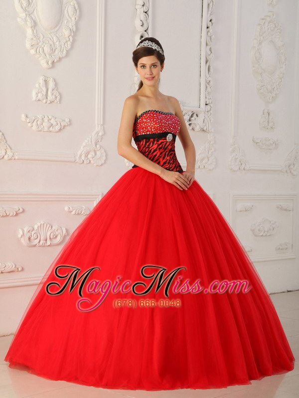 wholesale red a-line / princess strapless floor-length tulle and zebra beading quinceanera dress