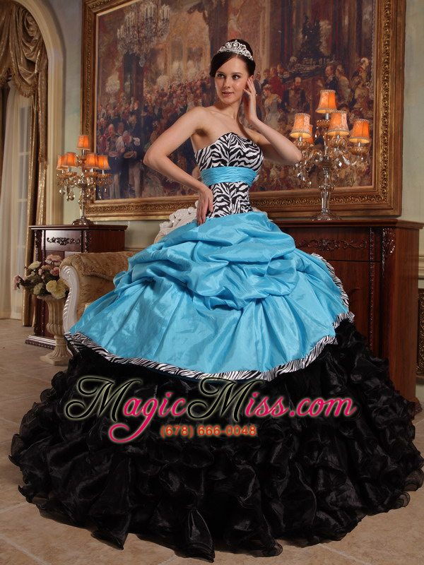 wholesale aqua blue and black ball gown sweetheart floor-length pick-ups taffeta and organza quinceanera dress