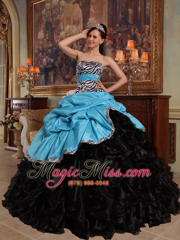 wholesale aqua blue and black ball gown sweetheart floor-length pick-ups taffeta and organza quinceanera dress