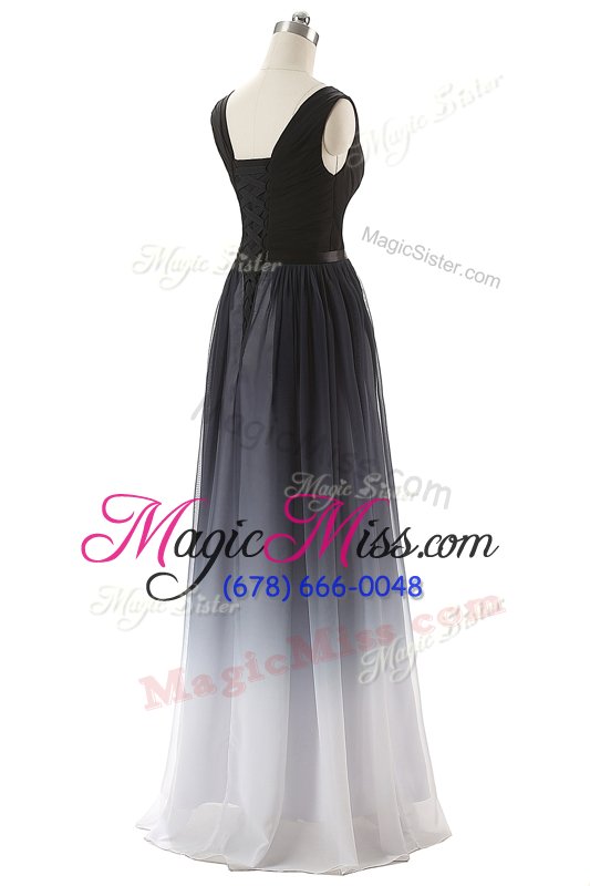 wholesale customized black prom evening gown prom and party and for with ruching and belt v-neck sleeveless lace up