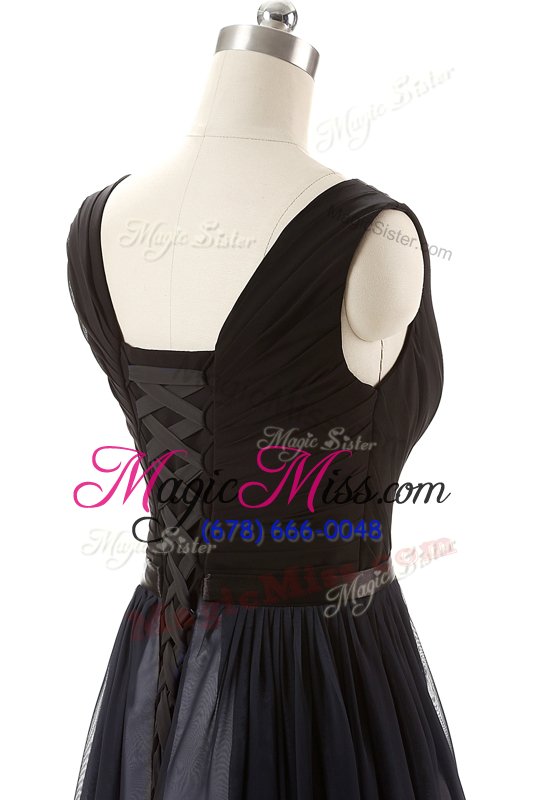 wholesale customized black prom evening gown prom and party and for with ruching and belt v-neck sleeveless lace up