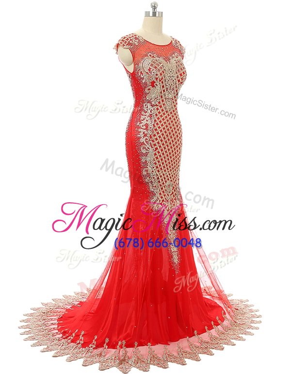 wholesale best selling scoop sleeveless prom dresses brush train beading and lace red satin