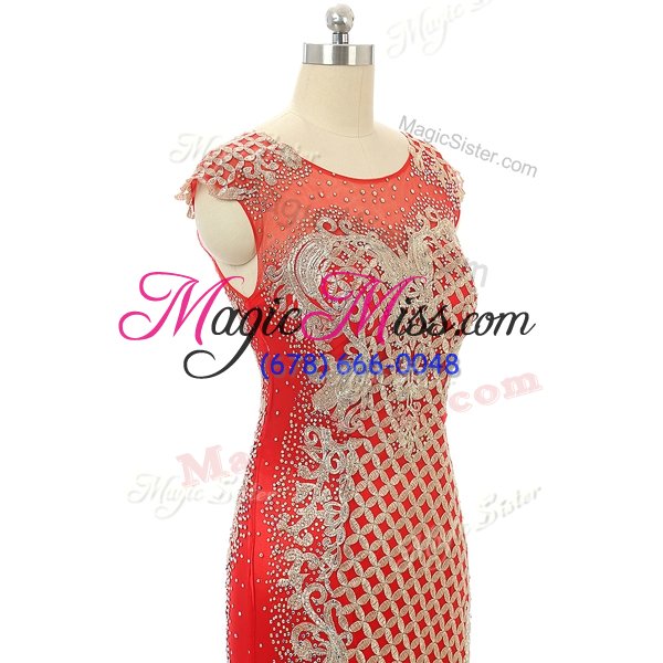 wholesale best selling scoop sleeveless prom dresses brush train beading and lace red satin