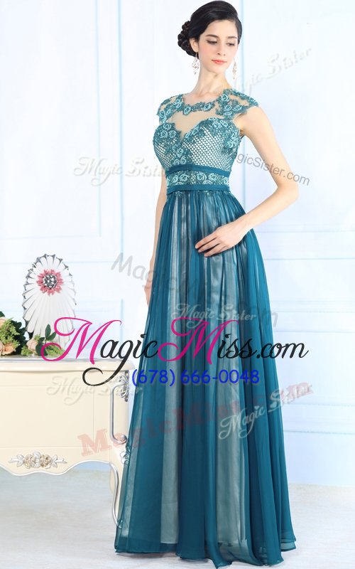 wholesale new style scoop sleeveless chiffon floor length zipper in teal for with lace