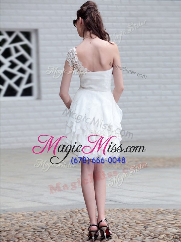 wholesale hot sale one shoulder sleeveless evening dress mini length lace and ruffles white organza