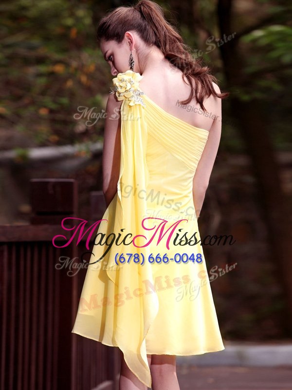 wholesale best one shoulder gold sleeveless hand made flower mini length prom dress