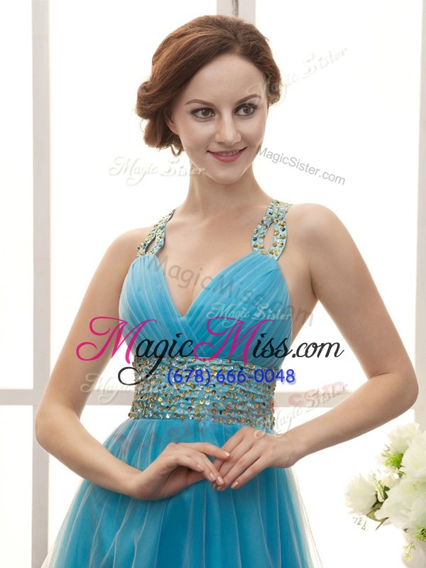 wholesale decent aqua blue organza zipper straps sleeveless knee length prom dress beading