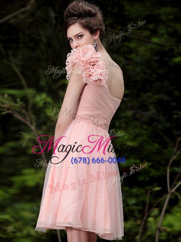wholesale glorious one shoulder knee length peach homecoming party dress tulle sleeveless beading and hand made flower