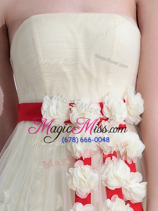 wholesale amazing tulle and lace strapless sleeveless backless belt and hand made flower prom evening gown in white