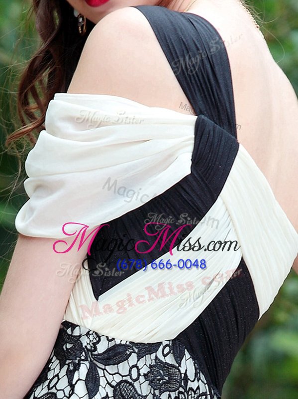 wholesale one shoulder knee length a-line sleeveless white and black homecoming dress criss cross