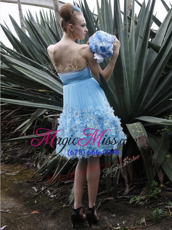 wholesale spectacular a-line evening dress baby blue strapless organza sleeveless knee length backless