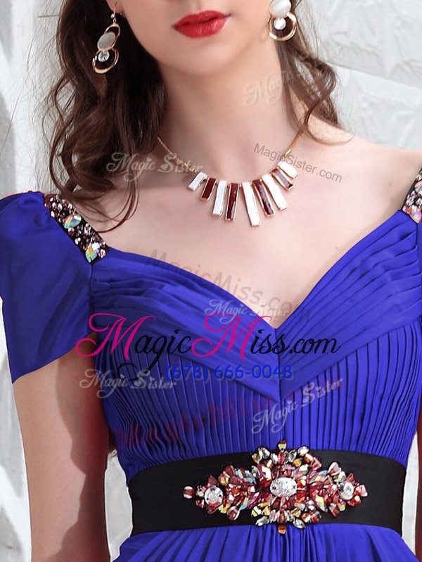 wholesale best selling royal blue chiffon zipper evening dress sleeveless knee length beading