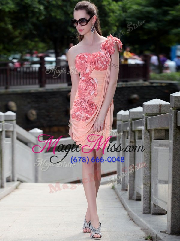 wholesale shining baby pink chiffon zipper prom gown sleeveless knee length ruching and hand made flower