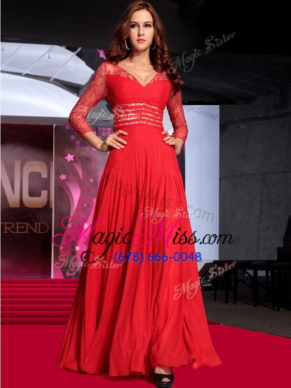 wholesale v-neck sleeveless zipper celebrity evening dresses red chiffon