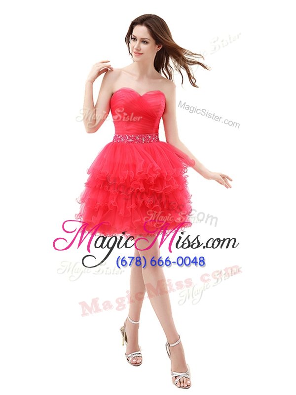 wholesale high quality beading and ruffled layers red zipper sleeveless knee length