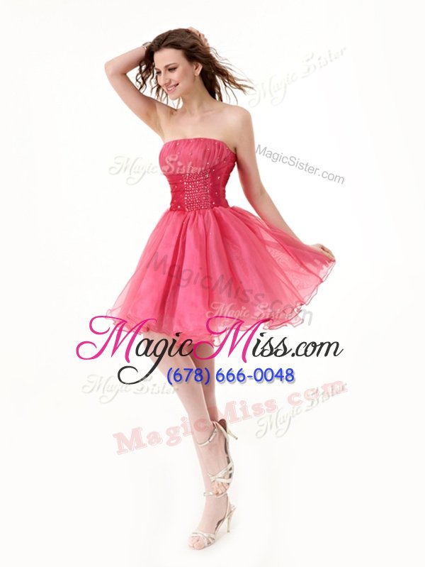 wholesale modest a-line homecoming dress watermelon red strapless organza sleeveless knee length lace up