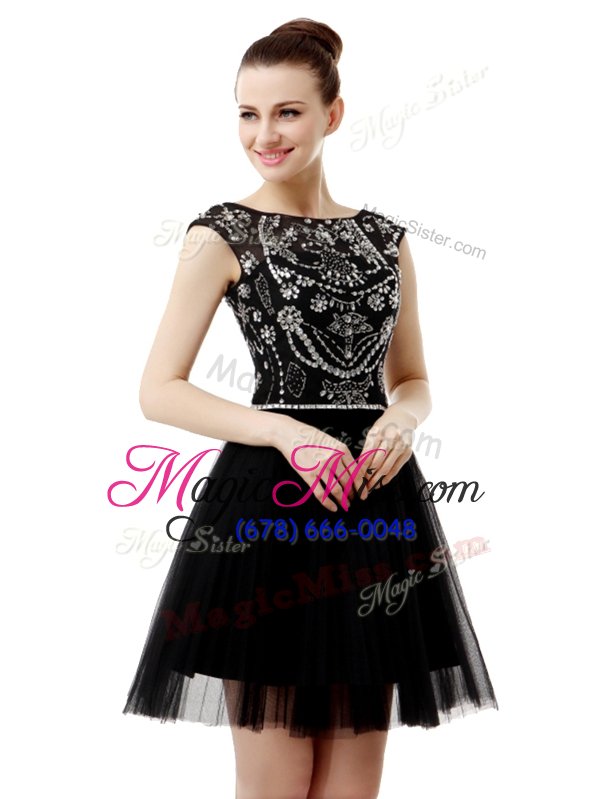wholesale sleeveless tulle knee length zipper prom party dress in black for with beading