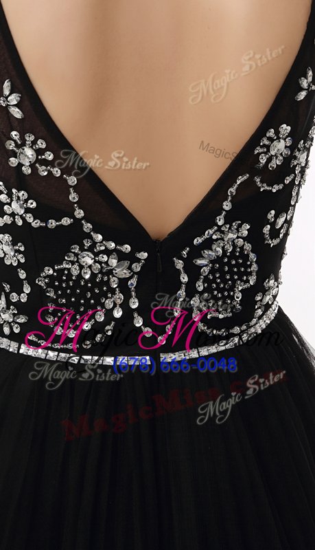 wholesale sleeveless tulle knee length zipper prom party dress in black for with beading