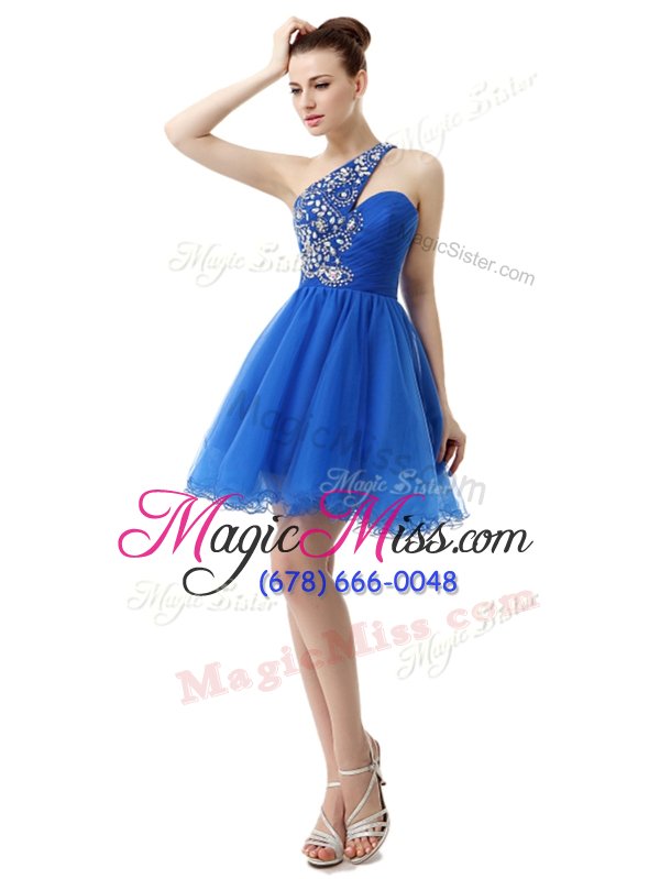wholesale high quality knee length blue prom evening gown one shoulder sleeveless criss cross